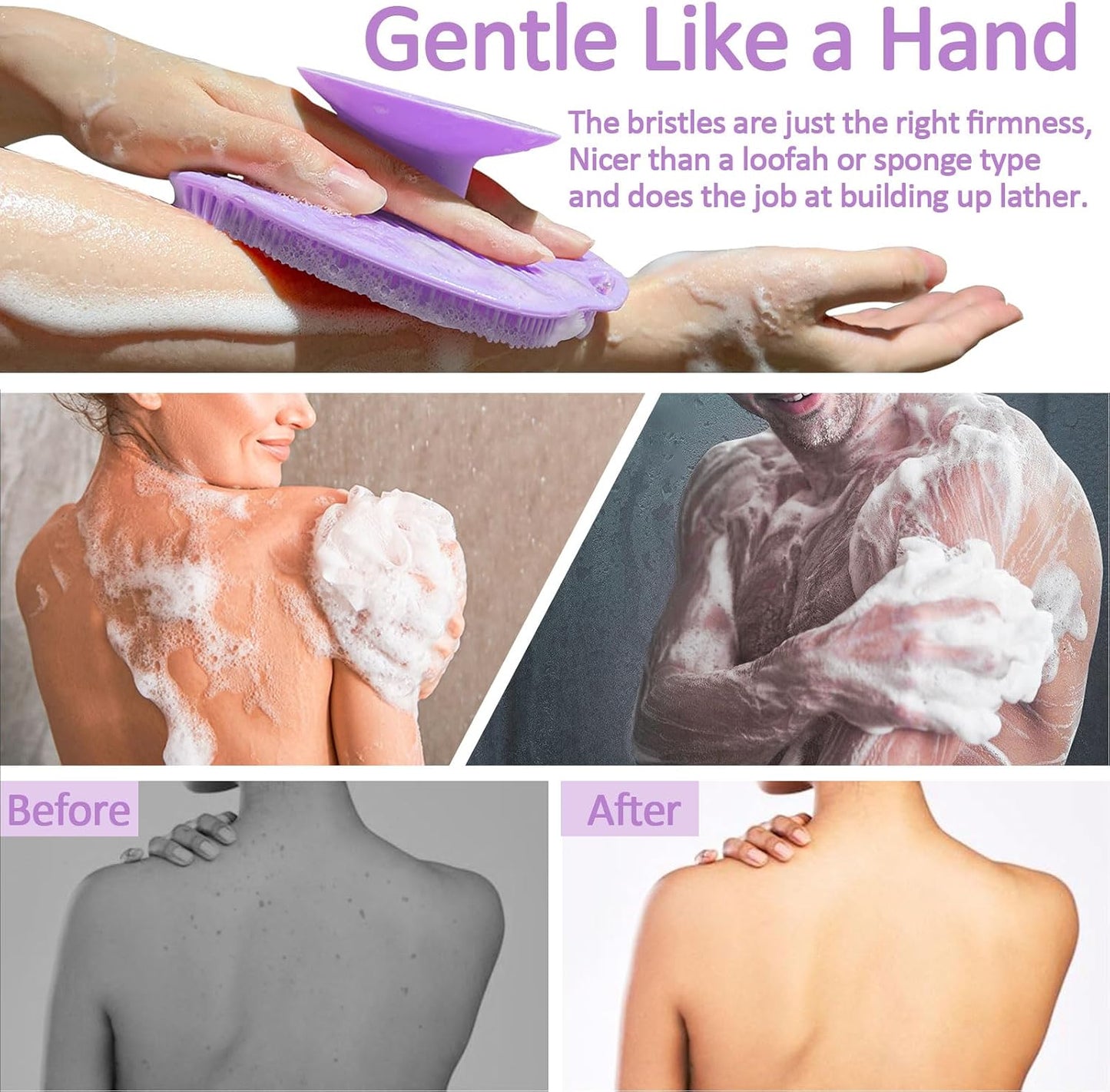 Soft Silicone Body Scrubber, Gentle Like a Hand Exfoliating Your Skin and Build Up Lather Easily, Back Large Suction Cup Easy to Store, Long-Lasting & Deep Clean (Pink)
