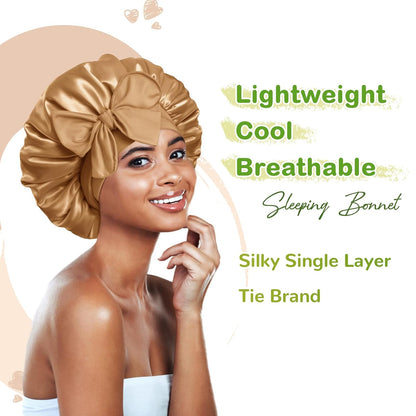 BONNET QUEEN Silk Bonnet for Sleeping for Women Satin Bonnet Night Cap for Curly Hair with Tie Band, Single Layer, Cream Pink