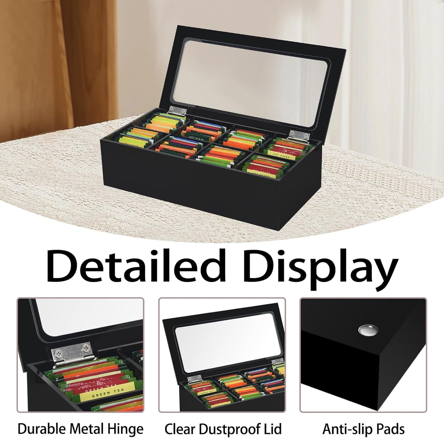 Tasybox Tea Bag Organizer, Acrylic Tea Box with Lid, Black Teabag Holder