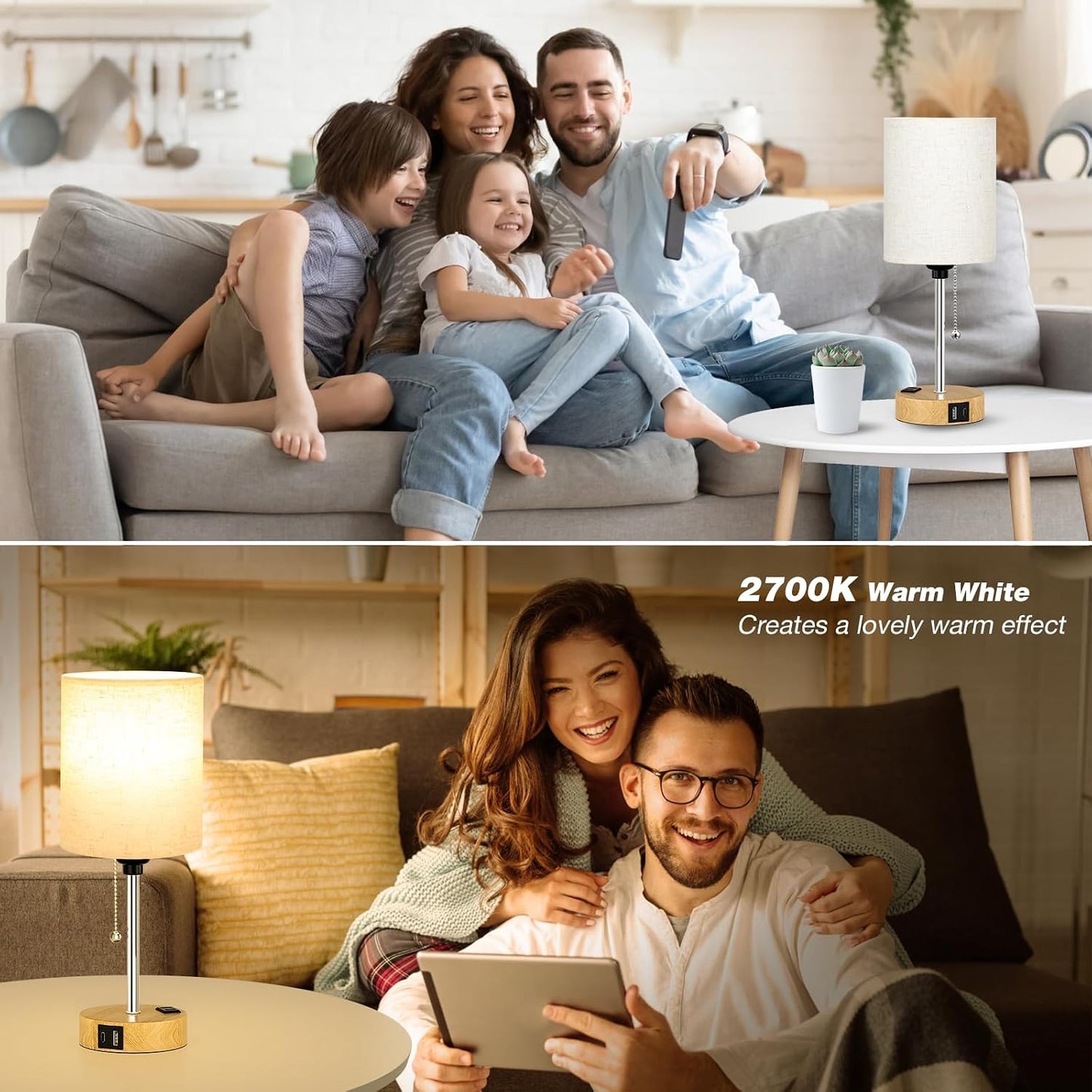 Small Bedside Table lamp for Bedroom - 3 Color Temperatures Bedside Lamps with USB C and A Ports, Pull Chain Table Lamps with AC Outlet, White Nightstand Lamps with Black Metal Base for Kids Reading