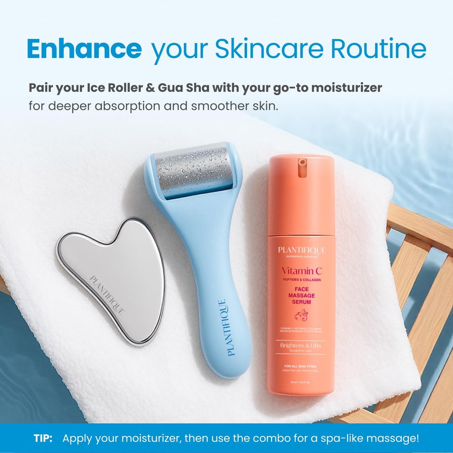 PLANTIFIQUE Stainless Steel Gua Sha and Ice Roller for Face & Body - Cooling Facial Tool Set to Reduce Puffiness, Improve Lymphatic Drainage & Soothe Skin