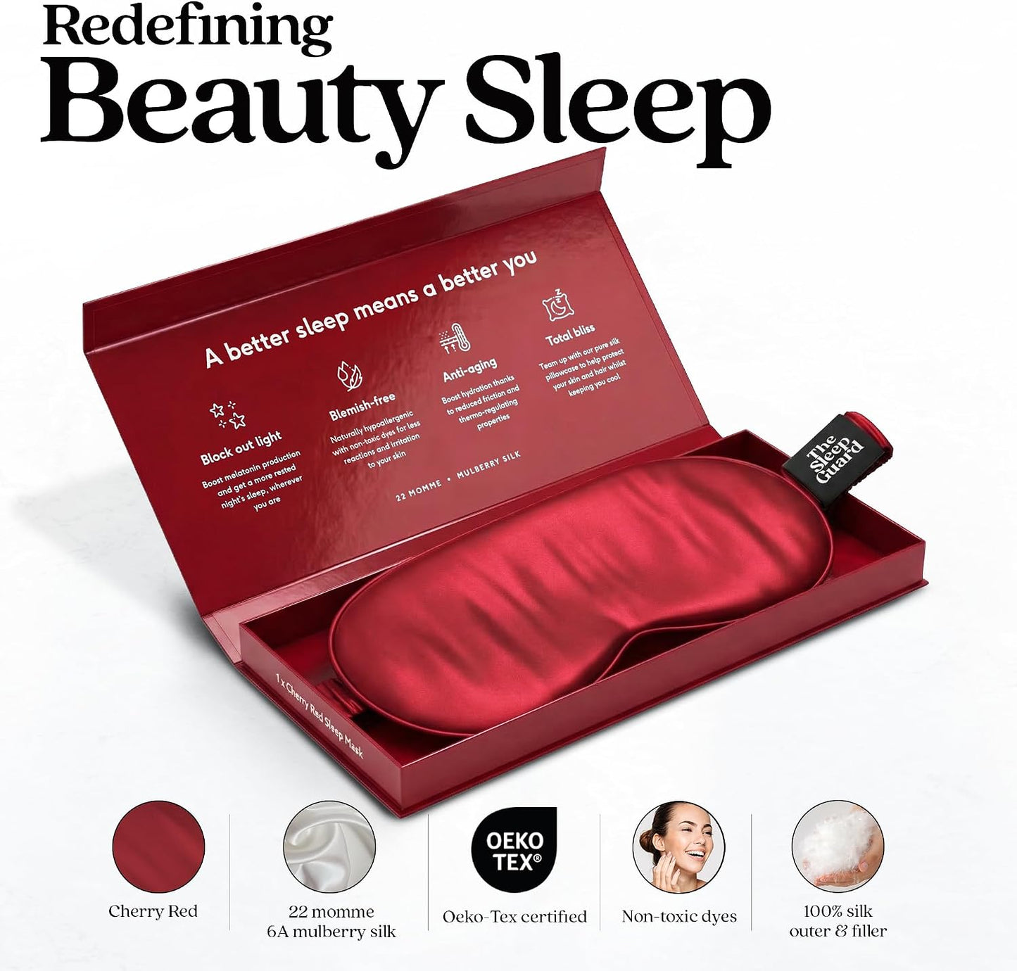 TheSleepGuard Pure Silk Sleep Mask [100% 6A Mulberry Silk, 22 Momme] Light Blocking Travel Essentials. Eye Masks for Sleeping. Black Oeko-Tex Blindfold. Eye Covers for Men & Women