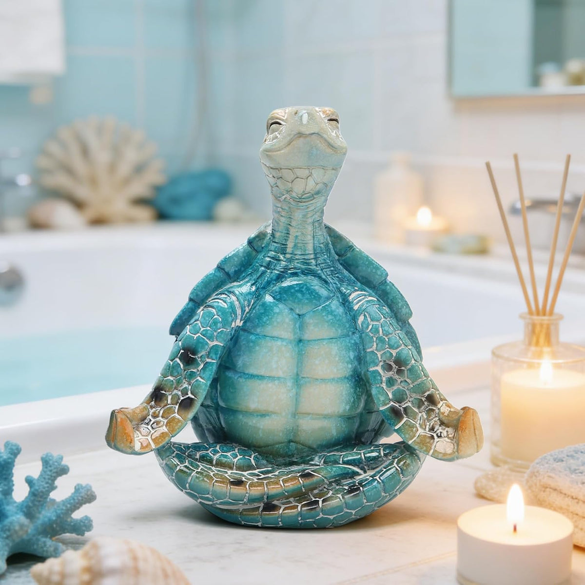 Hodao 2PCS Sea Turtle Meditation Yoga Figurines, Coastal Beach Decor