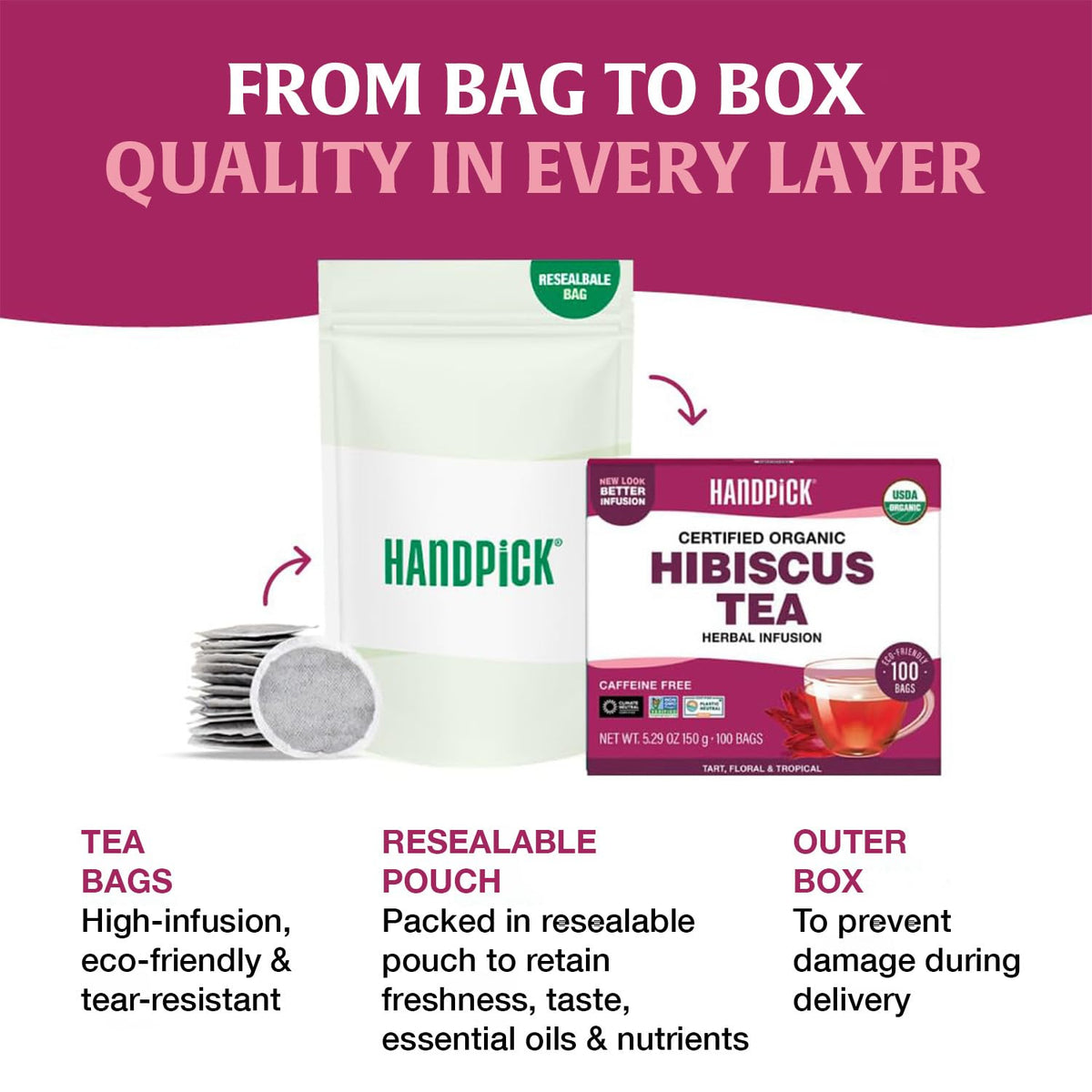 HANDPICK Organic Hibiscus Tea (100 Tea Bags) Pure Indian Hibiscus Flowers
