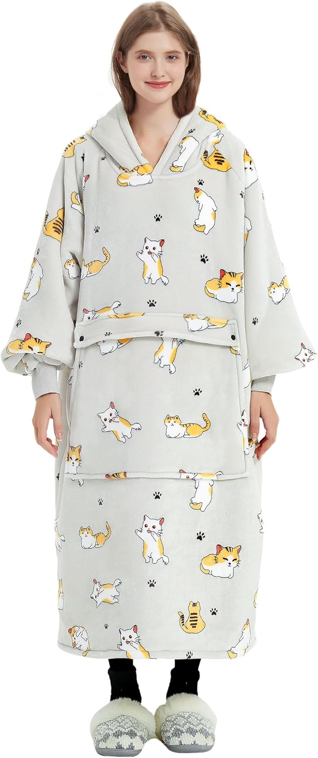 KFUBUO Wearable Blanket Hoodie for Adults Sherpa All Patterns Cat Oversized Sweatshirt Blanket with Pockets for Women