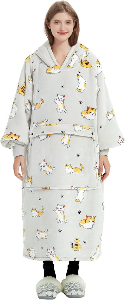 KFUBUO Wearable Blanket Hoodie for Adults Sherpa All Patterns Cat Oversized Sweatshirt Blanket with Pockets for Women