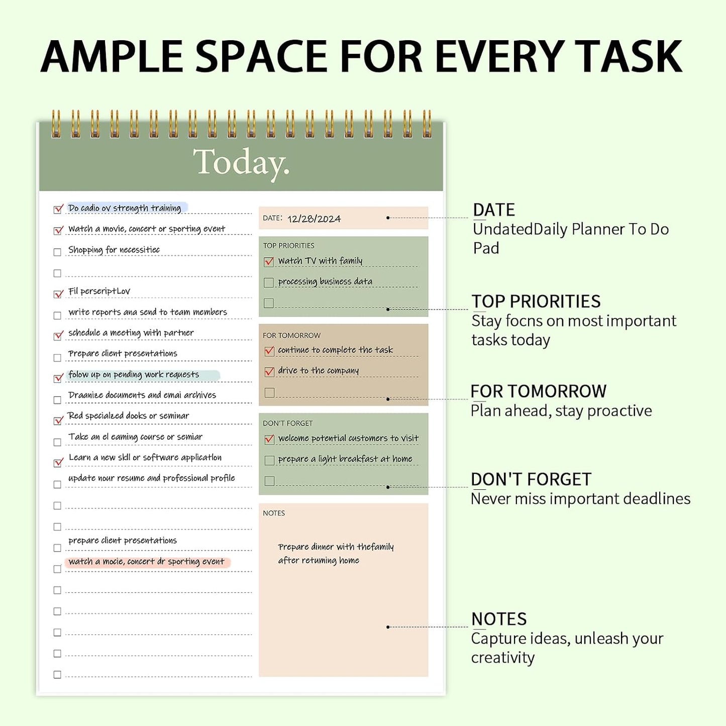 To Do List Notepad - Daily Planner Notepad 104 Pages Task Planner, 6.7" x 9.8" Double Sided Spiral Notebook with Checklist Productivity Planning Pad for Work Office Home-Pink