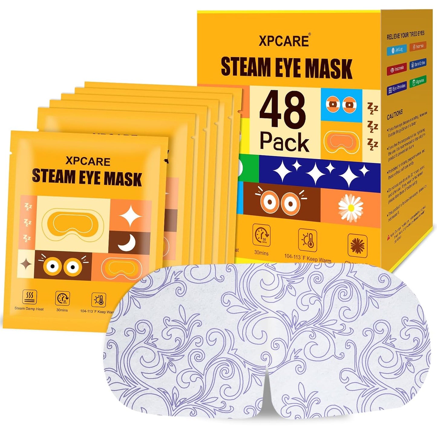 XPCARE 48 Pack Steam Eye Masks for Dry Eyes, Self Heated Steam Warm Eye Mask, Disposable Heated Eye Mask for Dark Circles, Puffy Eyes, Relief Stress Eye Fatigue（Lavender）