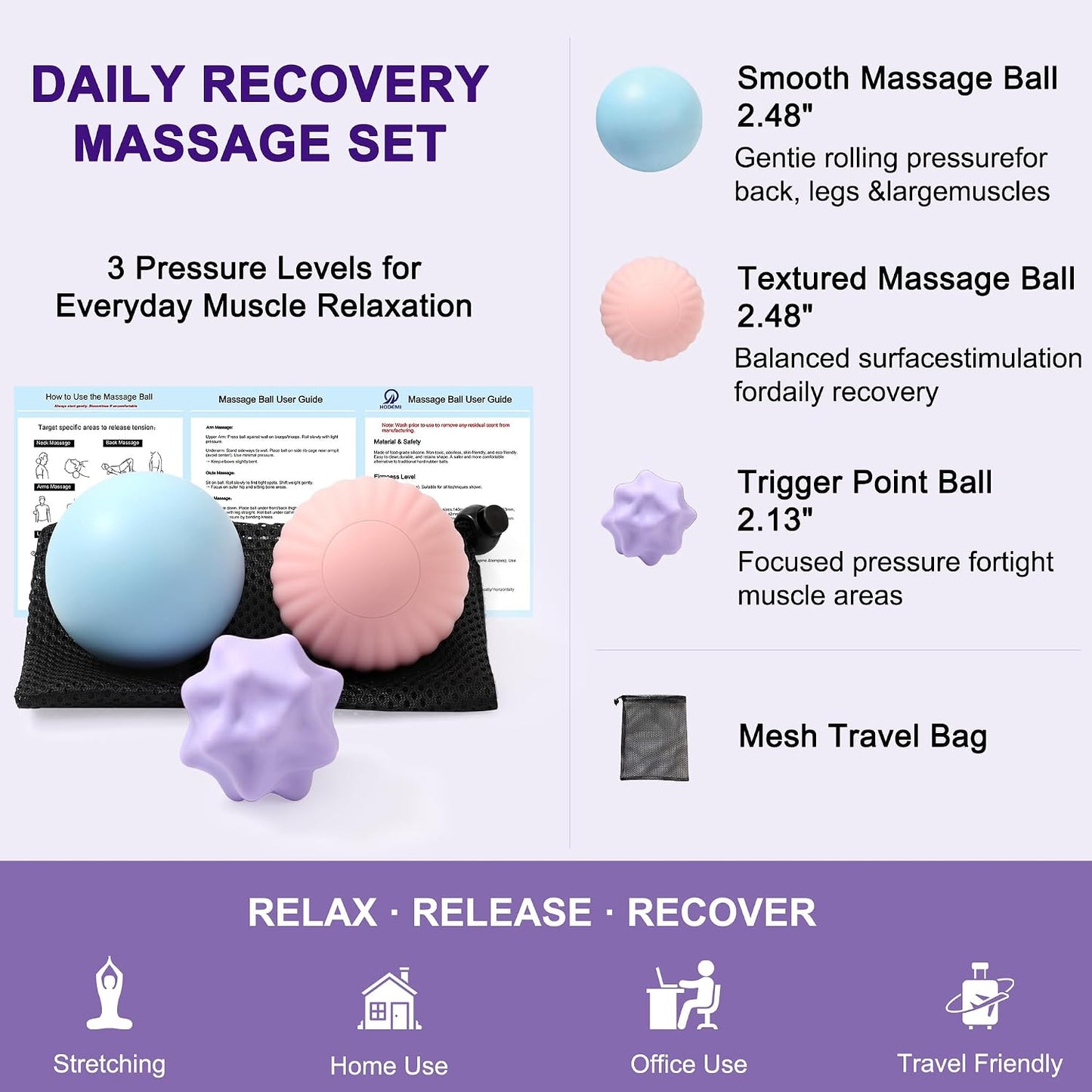 HODEMI Peanut Massage Ball Set, 3 Pack Peanut Roller, Textured Massage Ball & Trigger Point Ball for Deep Tissue Massage and Myofascial Release for Back, Neck, Hip and Foot with Mesh Bag