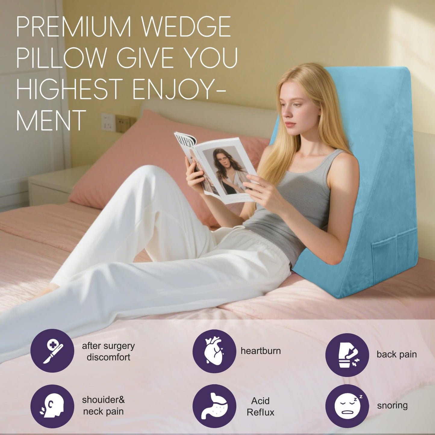 CHxxy Memory Foam Bed Wedge Pillow (10"x24"x24") - Acid Reflux & Back Pain Relief, Anti-Snoring Incline Design, Removable Washable Cover for Sleep & Post-Surgery Support