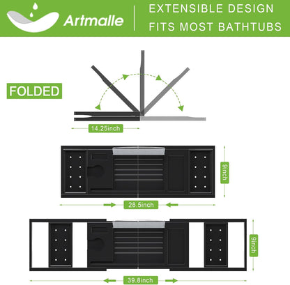 Artmalle Luxury Bathtub Caddy Tray for Tub - Foldable Bamboo Bath Table Tray with Book and Wine Glass Holder, Expandable Bathroom Accessories for Spa or Reading Lite Style