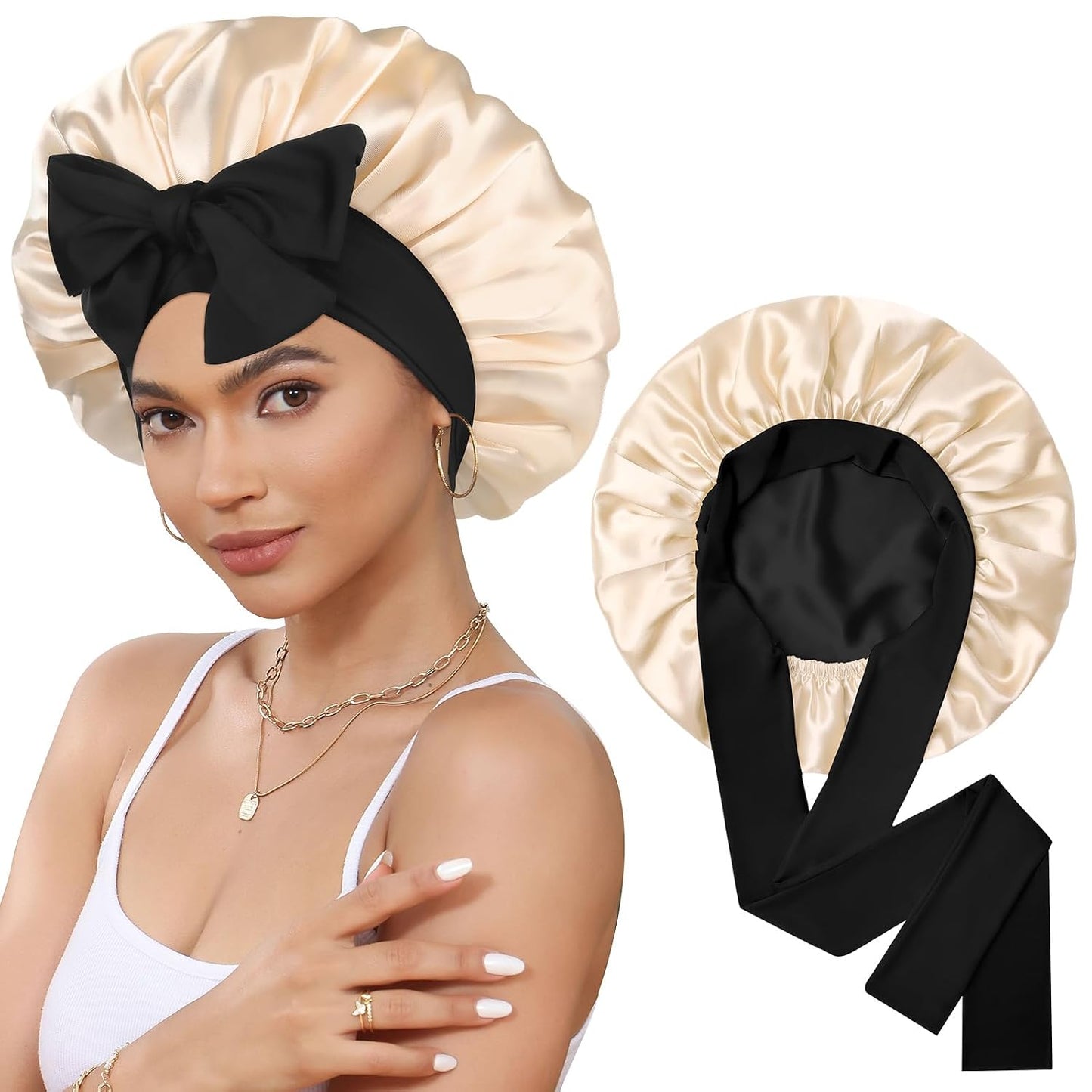Satin Bonnet for Sleeping Cap Double Layer Hair Bonnet with Elastic Tie Band for Curly Hair Night Cap (Bean Paste + Pink)