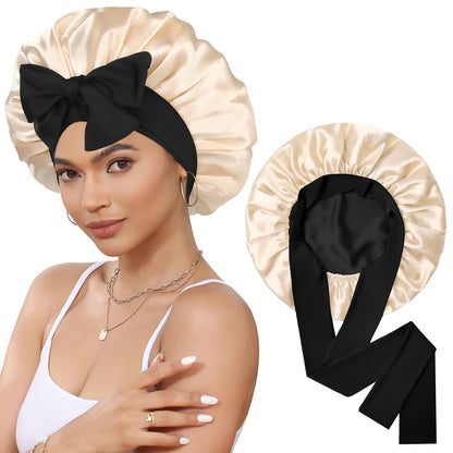 Satin Bonnet for Sleeping Cap Double Layer Hair Bonnet with Elastic Tie Band for Curly Hair Night Cap (Bean Paste + Pink)