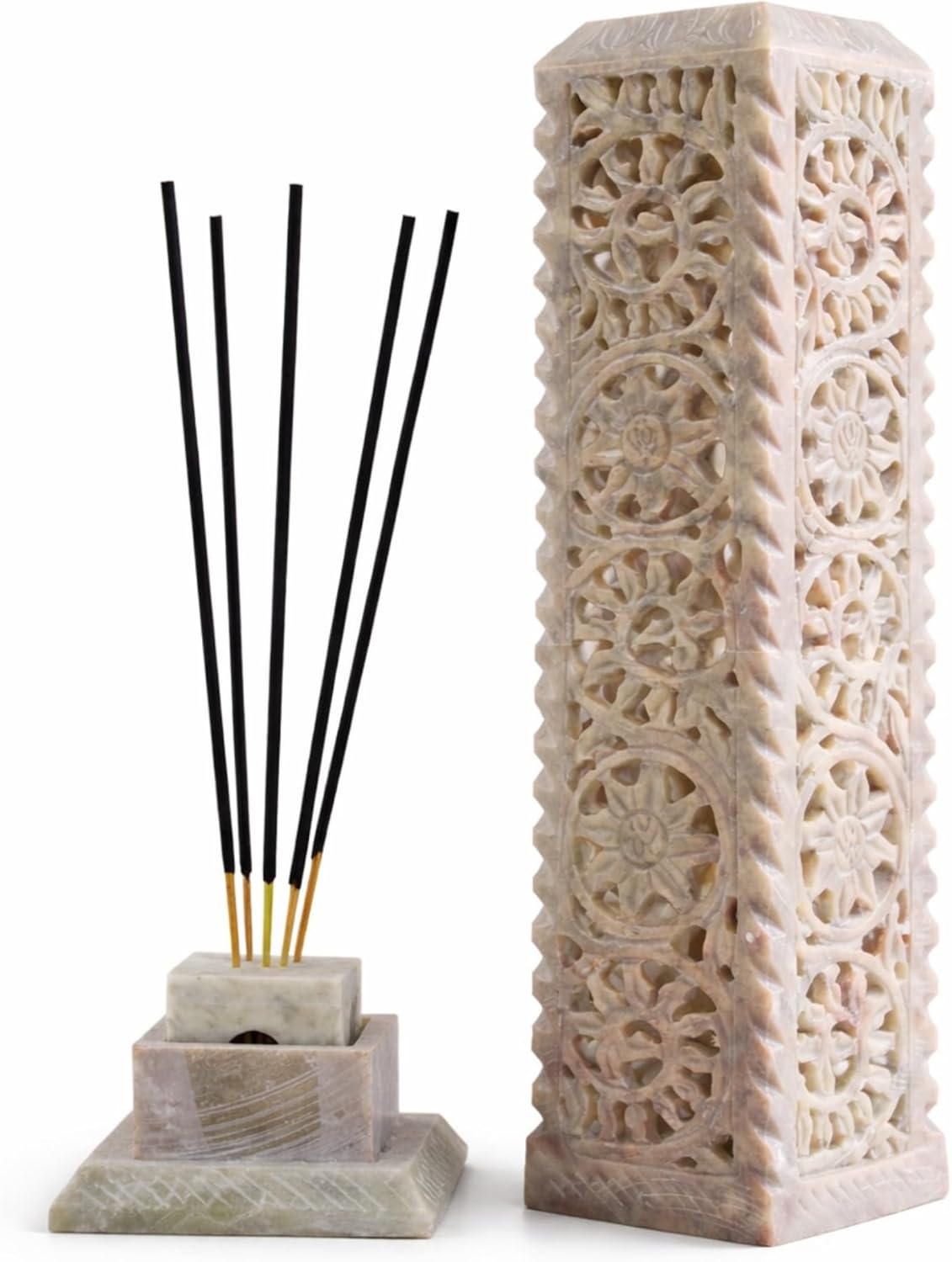 Carry Me Handmade Marble Soapstone Incense Stick Burner | Candle Stick Holder, Tea Light Stand, 3 x 3 x 11 Inches, Decorative Home and Kitchen Decor, Perfect for Gifting