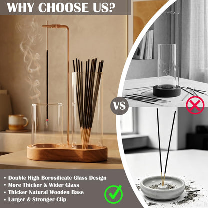 Incense Holder for Sticks with Glass Ash Catcher - Upside Down Anti-Ash Flying Incense Burner & Stick Storage Organizer, Ideal for Meditation, Yoga, Zen Home Decor, Spa Relaxation Gift