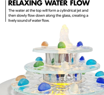 Pamopamo Indoor Tabletop Fountain 3-Tier Waterfall, Zen Meditation Fountain with LED Light, Small Desk Water Feature Soothing Sound Relaxing for Office Home Décor