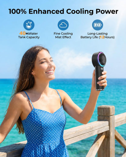 Portable Fan with Mist, Handheld Fan, 1-199 Speed, AC-Level Ice Cooling