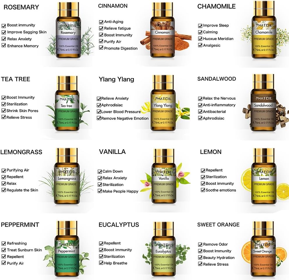 PHATOIL 15PCS Essential Oils Gift Set - Premium Quality 100% Natural Pure Essential Oils for Aromatherapy Diffuser Yoga Home Office Soap Candle Making- 5ml/Bottle