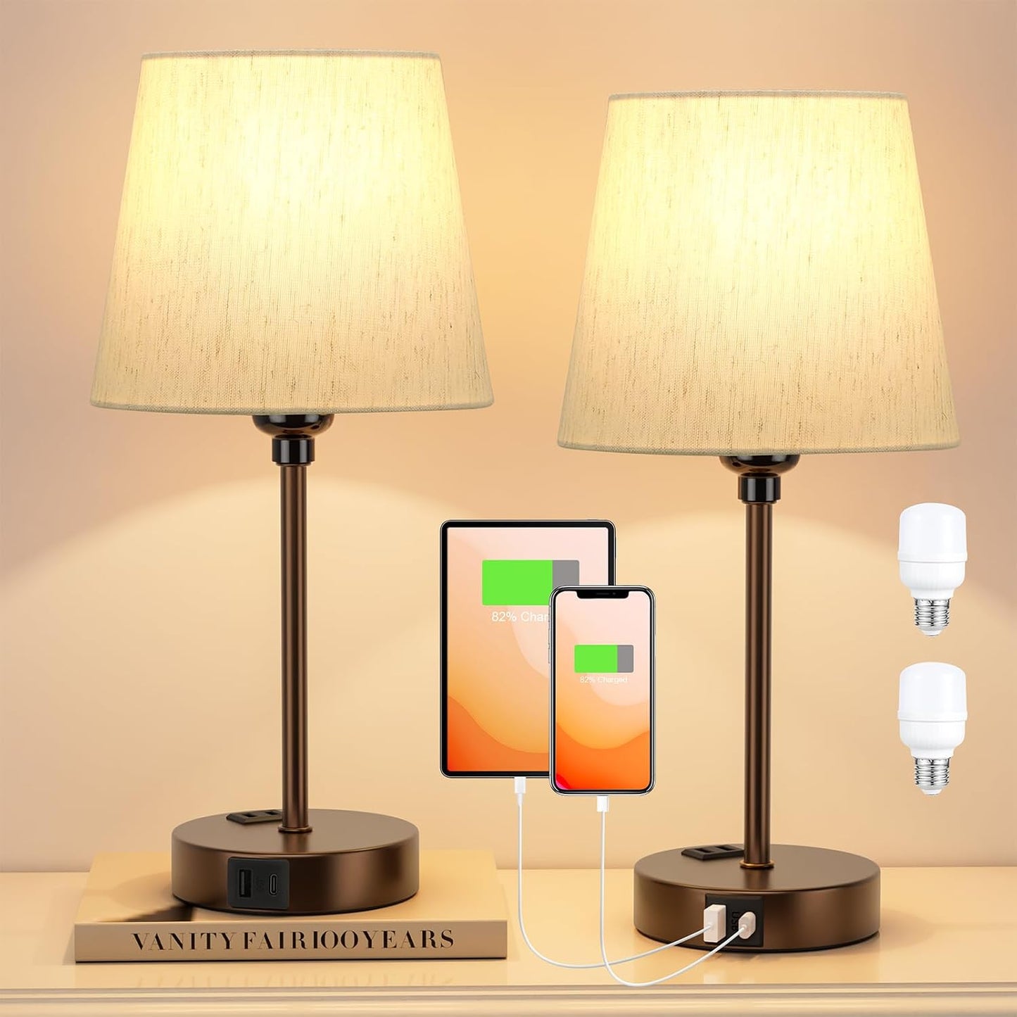 Mini Bedside Lamps for Bedrooms Set of 2 - Nightstand Bedroom Lamps with USB C Port and AC Outlet Charging, Dimmable Touch Small Bed Side Table Lamp, Black Night Stand Light for Kids/Guest Room