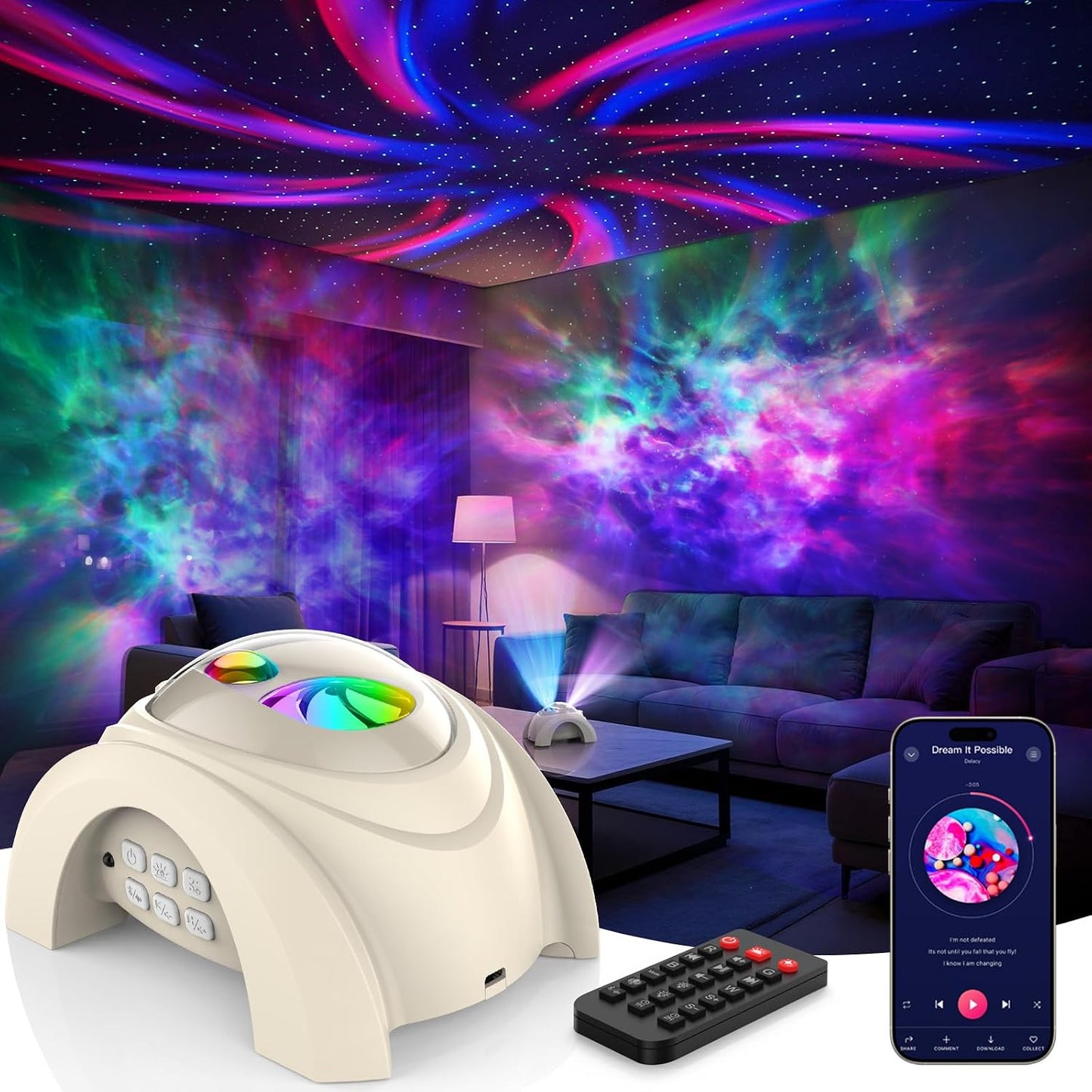 Rossetta Dual Lens Galaxy Projector, Star Projector for Bedroom with 58 Light Effects, Night Light Projector with White Noise & Bluetooth Speaker, Remote Timer, Room Decor Gift for Kids Adults Teens