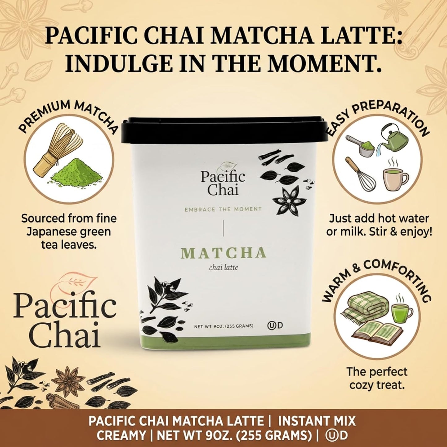 Pacific Chai Matcha Chai Latte Mix, Instant Matcha Tea Latte Drink Mix, Gluten Free, Kosher Certified Powder Beverage, Café Style Latte, 9 Oz (Pack of 1)
