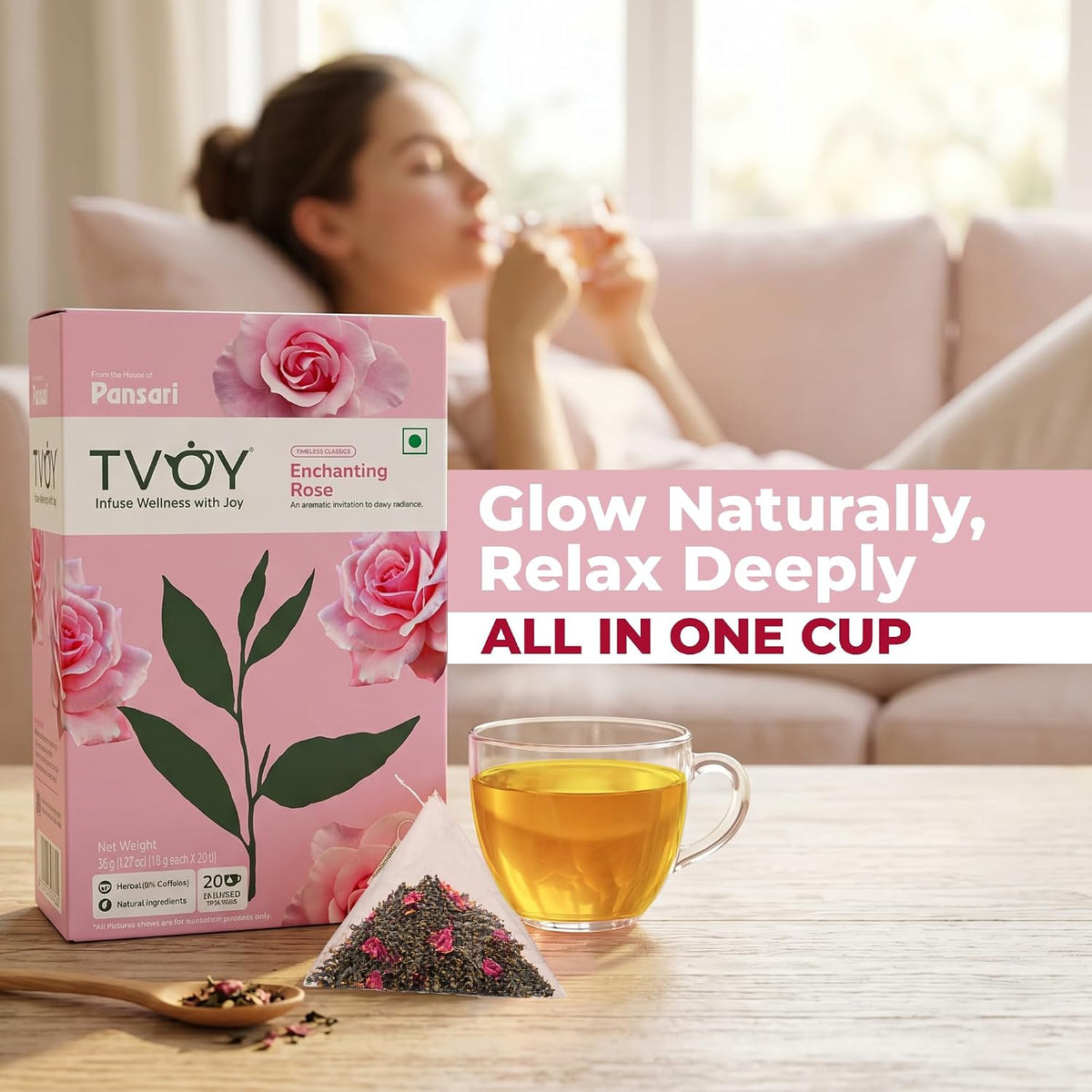 Tvoy Rose Green Tea Bags, 40 Pyramid Tea Bags, Individually Wrapped Bags