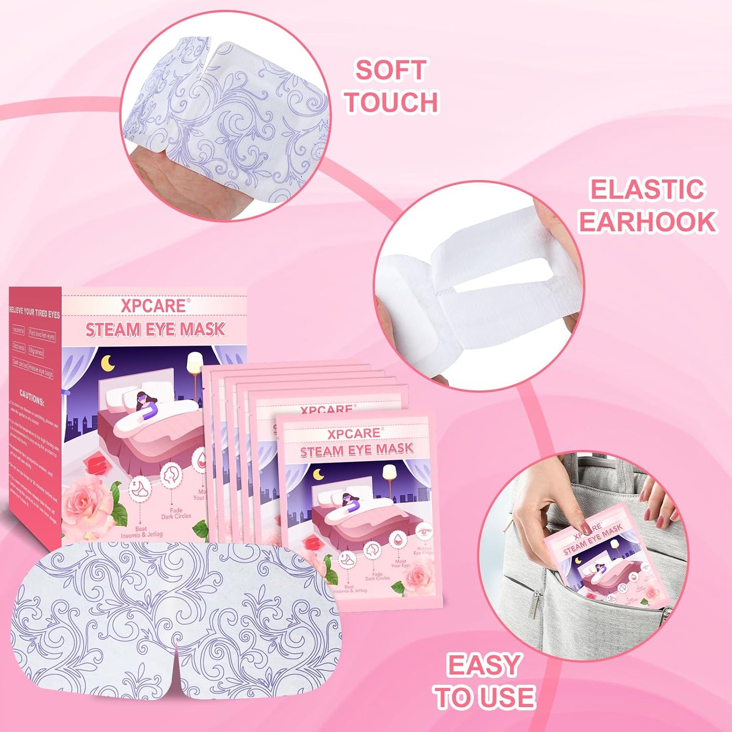XPCARE 48 Pack Steam Eye Masks for Dry Eyes, Self Heated Steam Warm Eye Mask, Disposable Heated Eye Mask for Dark Circles, Puffy Eyes, Relief Stress Eye Fatigue（Lavender）