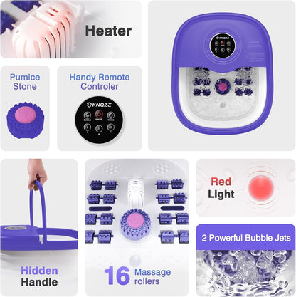 KNQZE Collapsible Foot Spa Bath with Heat & Remote Control, Bubble Massage, Temperature Control, Red Light, Timer, 16 Rollers & Pumice Stone for a Soothing Spa Experience