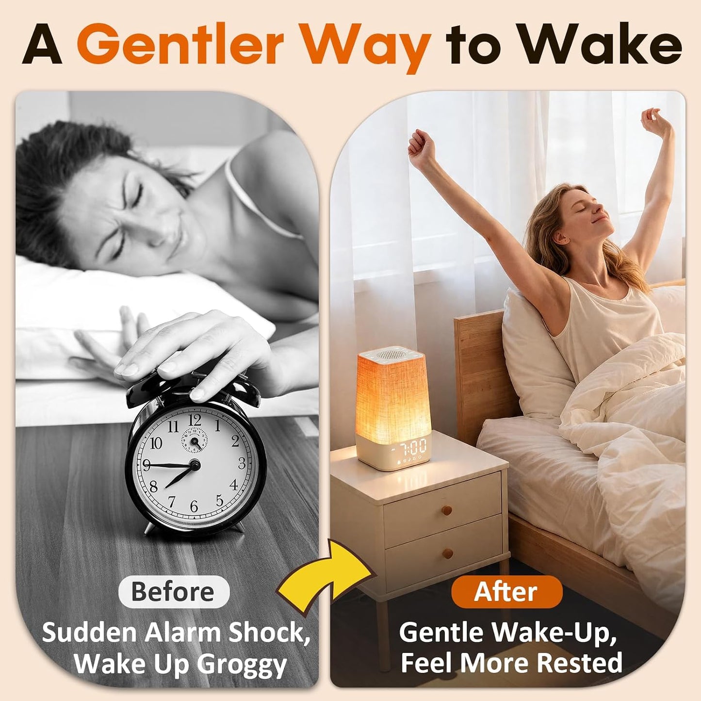 10-60 Mins Simulated Sunrise Alarm Clock: Gentle Wake Up Light with Adjustable Brightness, 32-Level Volume, Bright & Loud Enough for Dark Morning Bedroom - White Noise Machine with 30 Soothing Sounds