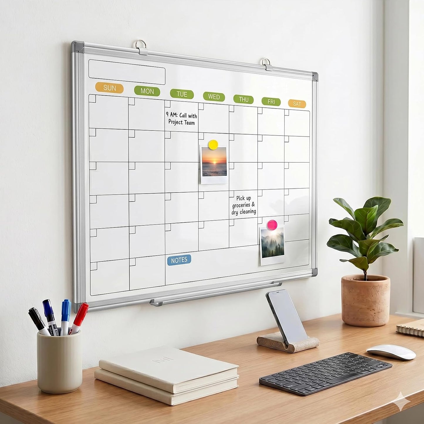 24" x 18" Magnetic Monthly Dry Erase Whiteboard Calendar for Wall | Double-sided & Smooth Writing Calendar White Board Hanging with Black Aluminum Frame, Home, School, Office