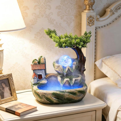 Mini Artificial Bonsai Tree Waterfall Fog Feature Rock Tabletop Fountain | 11in Desktop Decor Waterfall Fountain W/ Water Pump& Atomizer&LED Lights &Fake Tree Office Bedroom Relax