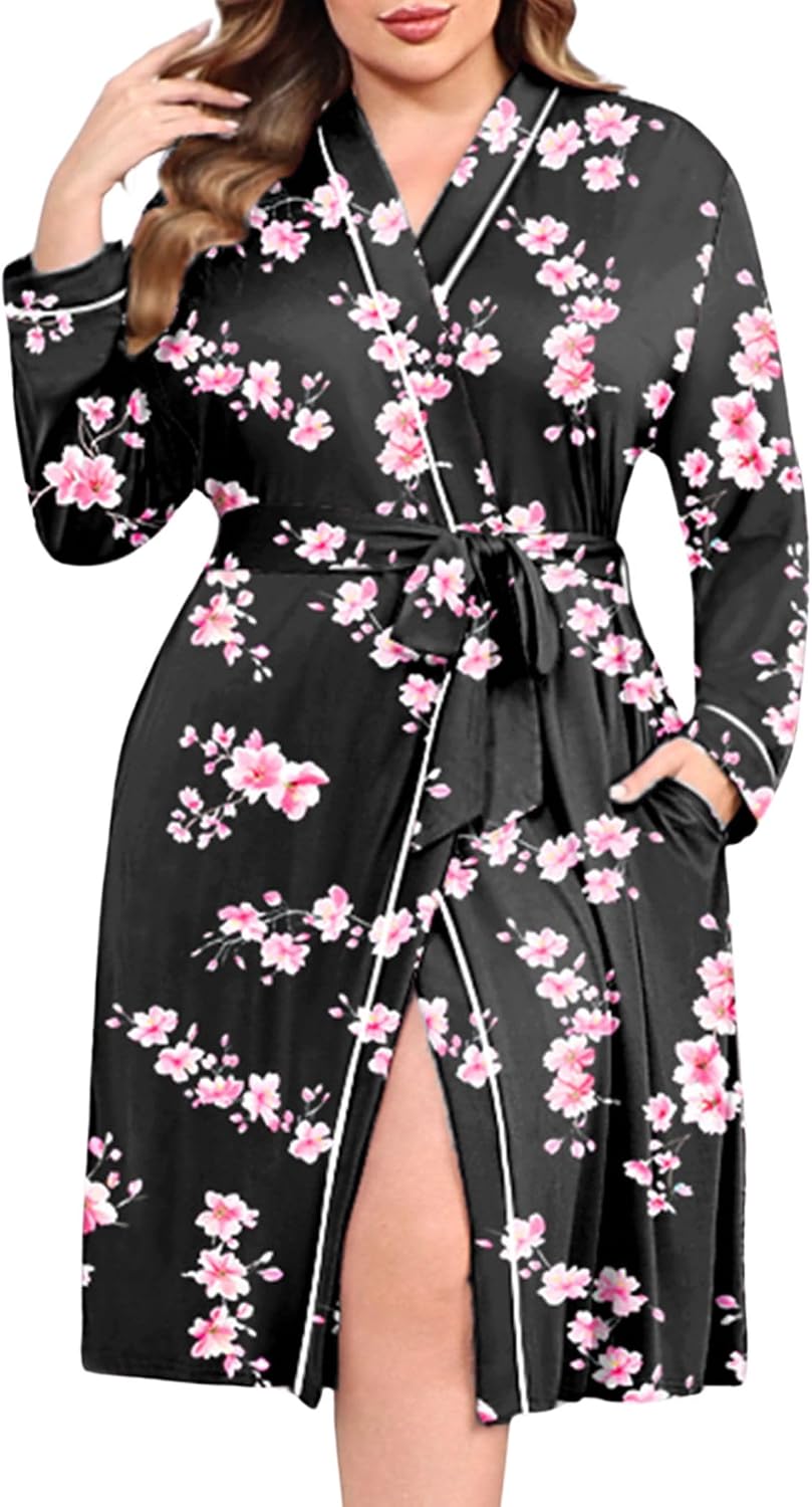Ekouaer Plus Size Robes for Women Soft Bathrobe V Neck Soft Maternity Robe