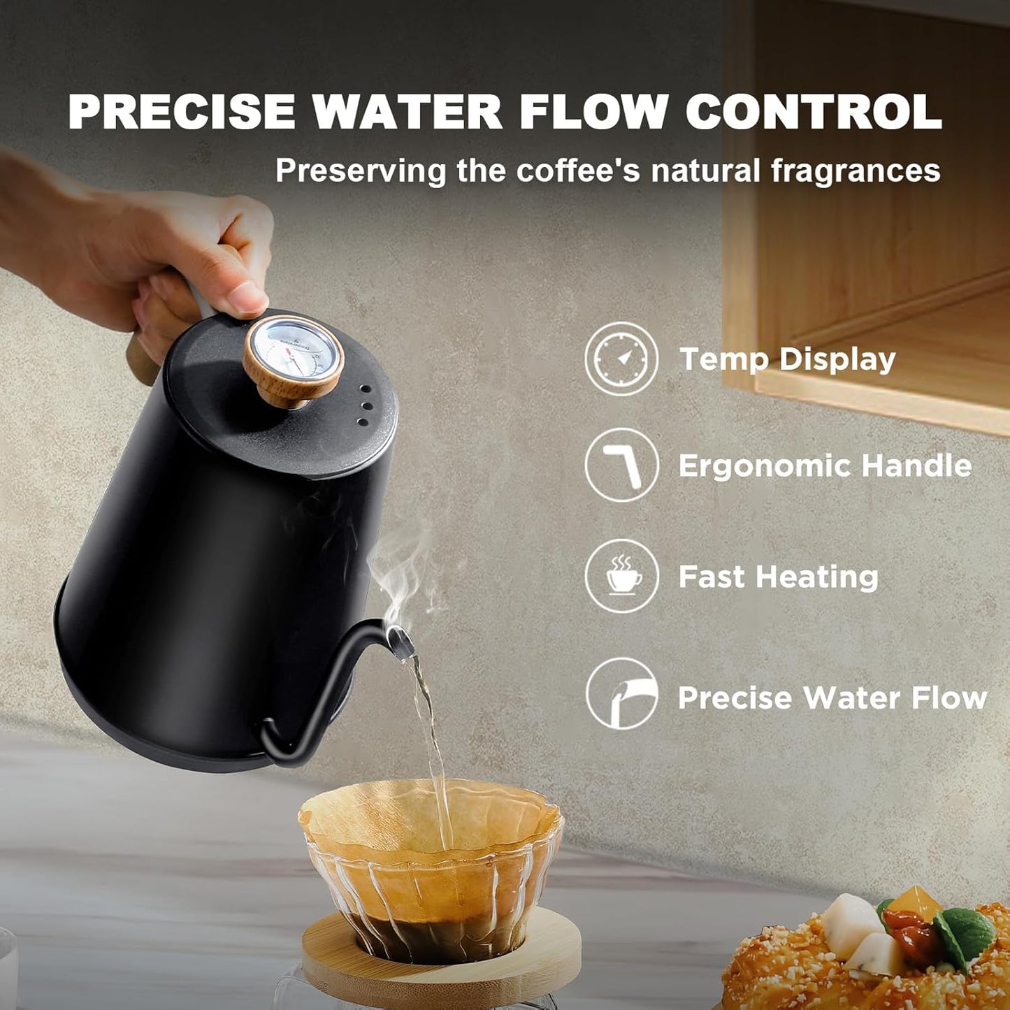 Nueve&Five Gooseneck Electric Kettle with Thermometer, Copper Tea Kettle with Auto Shut-Off,1000W Hot Water Kettle Electric of Stainless Steel,Electric Kettles for,Coffee & Tea
