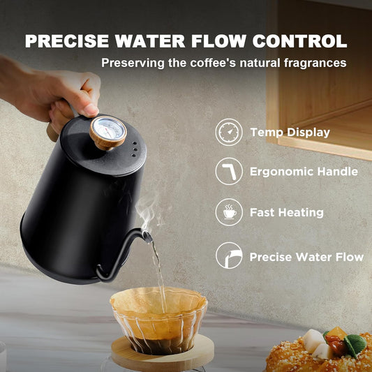 Nueve&Five Gooseneck Electric Kettle with Thermometer, Copper Tea Kettle with Auto Shut-Off,1000W Hot Water Kettle Electric of Stainless Steel,Electric Kettles for,Coffee & Tea