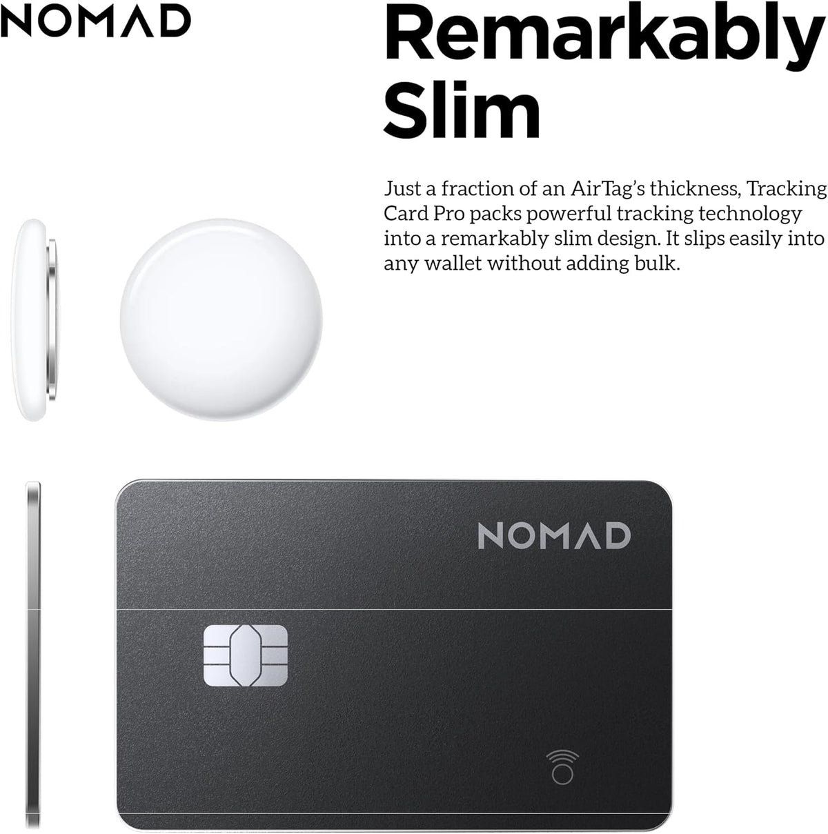 Nomad Tracking Card Carbide, Slim Card Tracker with IPX7 Waterproof and Dust Proof Card Tracker for Wallet & Luggage, 5 Months GPS Tracker Long Battery Life, Rechargeable, Compatible with iOS Only
