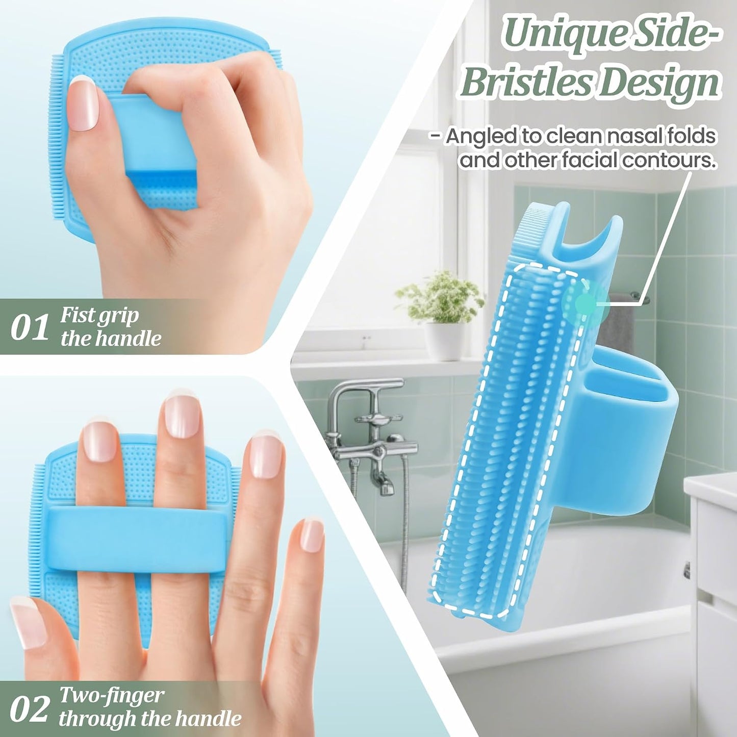 Silicone Back Scrubber & Bath Glove Set 2PCS, 13.4'' Gentle Shower Back Scrubber with Dual-Side Head Non-Slip Handle, 360° Anti-Slip Hand-fit Bath Glove for Rich Foaming Deep Cleaning(Black)