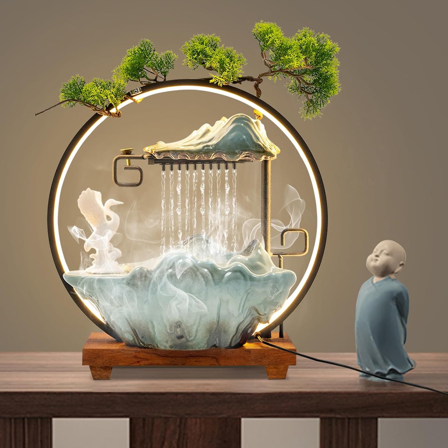 Mini Artificial Bonsai Tree Waterfall Fog Feature Rock Tabletop Fountain | 11in Desktop Decor Waterfall Fountain W/ Water Pump& Atomizer&LED Lights &Fake Tree Office Bedroom Relax