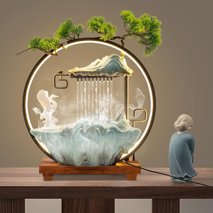Mini Artificial Bonsai Tree Waterfall Fog Feature Rock Tabletop Fountain | 11in Desktop Decor Waterfall Fountain W/ Water Pump& Atomizer&LED Lights &Fake Tree Office Bedroom Relax
