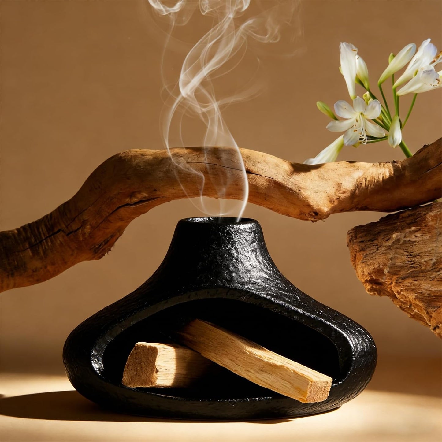 Ceramic Palo Santo Holder with Mini Chimney, Ash Catcher Incense Holder for Palo Santo Sticks, Sage Bundles, Incense Cones, Fireplace Style Smudge Bowl for Meditation, Yoga Home Decor(White)