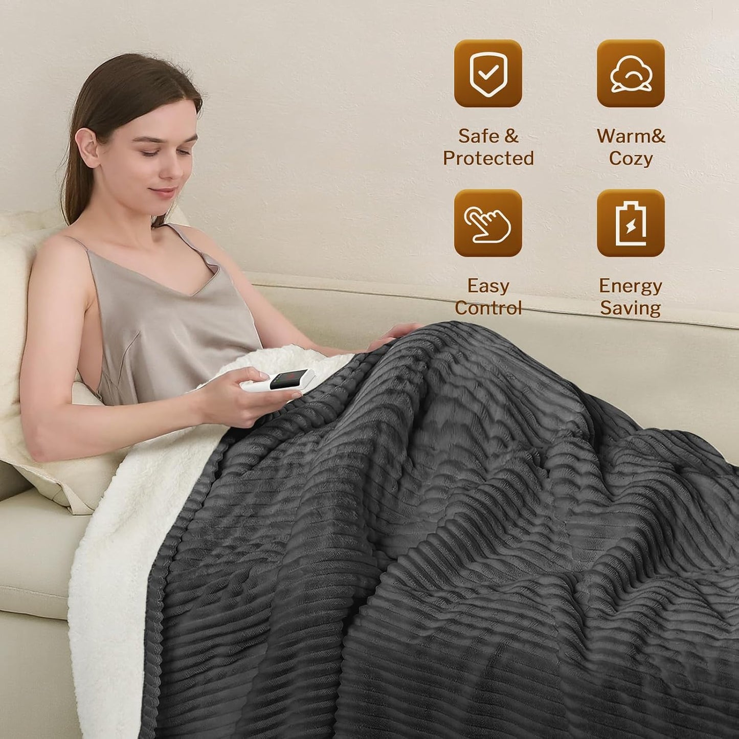 Reaks Electric Heated Throw Blanket, Silky Soft Flannel & Sherpa Heating Blanket Throw with 5 Heat Levels & 3 Hours Auto Off, Warm Gifts for Women Mom Grandma, ETL Certified (50x60 inches, White)