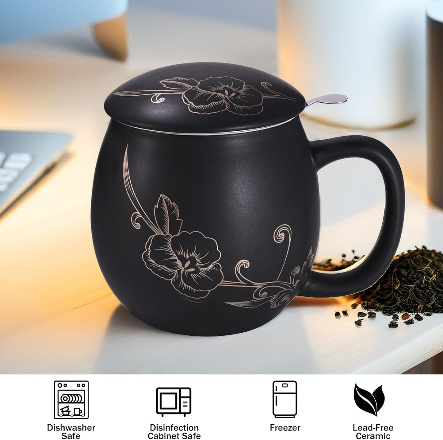 Yundu 12 OZ Matte Green Ceramics Teacup with Infuser and Lid, Mug with Lid for Steeping - Stainless Steel Infuser for Loose Leaf Tea, Home Office Gift for Tea Lovers