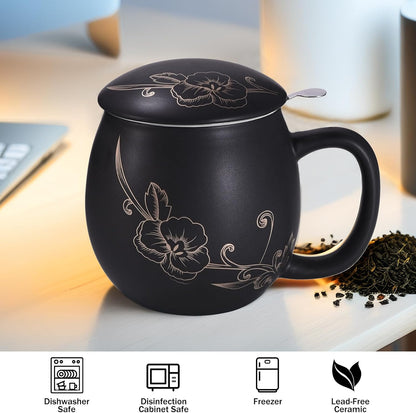 Yundu 12 OZ Matte Green Ceramics Teacup with Infuser and Lid, Mug with Lid for Steeping - Stainless Steel Infuser for Loose Leaf Tea, Home Office Gift for Tea Lovers