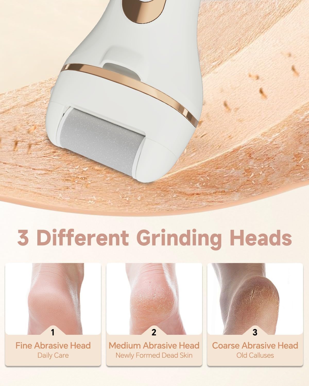 Electric Foot Callus Remover Rechargeable Pedicure Kit with 3 Roller Heads 2 Speed IPX6 Waterproof Foot File Pedicure Tools Professional Foot Care for Dead Cracked Dry Skin White