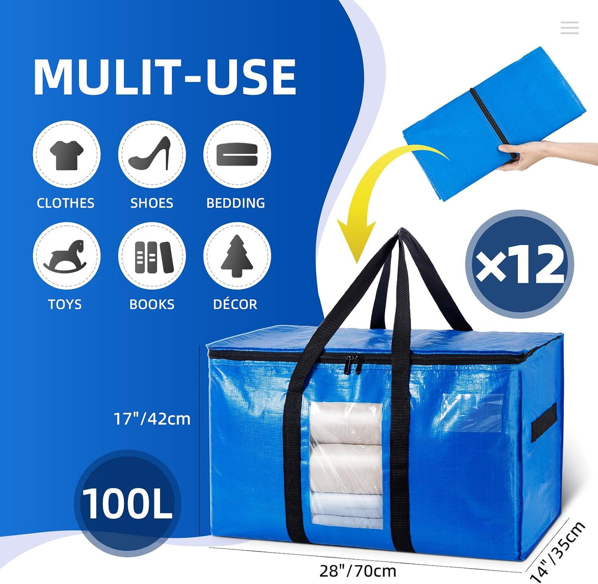 TAILI Blue Extra Large Moving Bags,Storage Bags with Visible Window