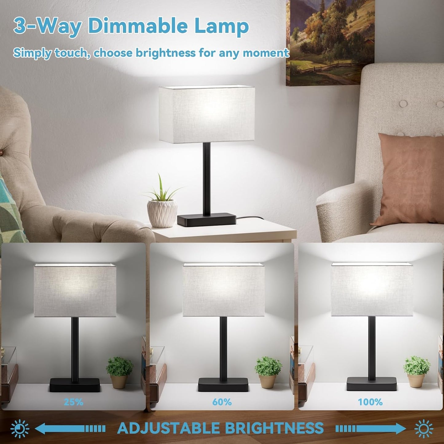 Hong-in Touch Lamps for Bedroom - 3-Way Dimmable Bedside Lamps Set of 2 with USB C+A, Grey Modern Table Lamp for Night Stands, Desk Lamp for Living Room Nightstand End Tables Bed Side
