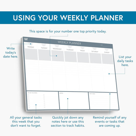 Clear Mind Concepts Weekly Desk Planner - Large 11.3” x 16.5” Tear-Off Pad, 52 Undated Sheets, Thick 120gsm No-Bleed Paper - To-Do List, Notes & Weekly Schedule Organizer