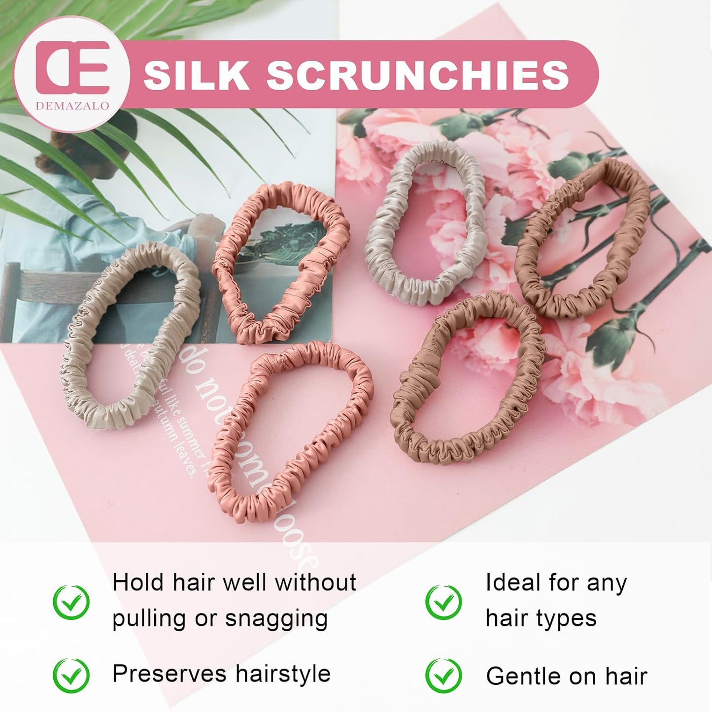 6Pcs Silk Hair Ties 100% Pure Mulberry Silk Scrunchies for Women Girls | No Hair Crease, Anti Frizz, Gentle Hold, No Damage, Black Brown Pink
