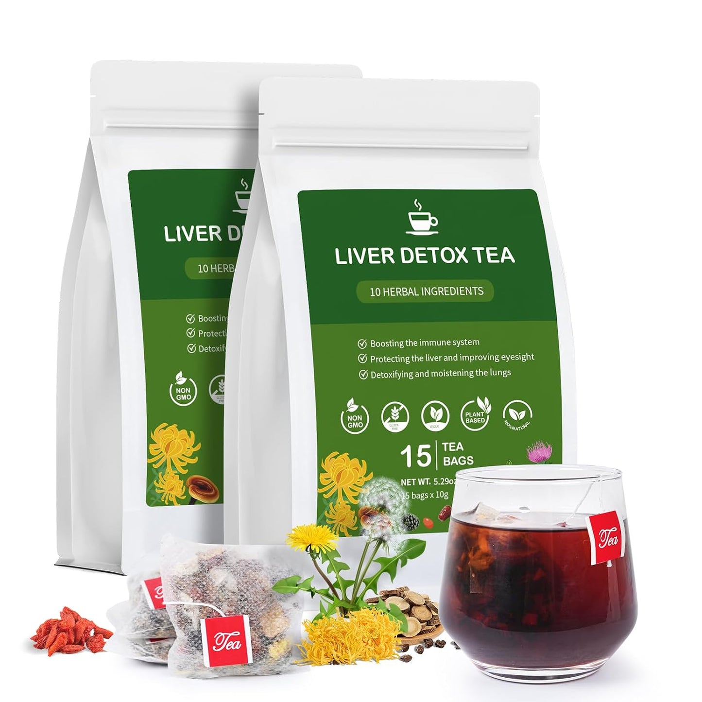 Liver Detox Tea, Chinese Kidney and Liver Cleanse Detox Herbal Tea Support Kidney Healthy Function with 11 Precious Ingredients Formula (1 Pack/15 Bags)