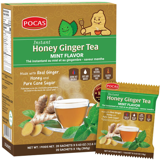 Pocas Honey Ginger Instant Tea Powder, Mint Flavor, Real Ginger Extract & Sweetener, Caffeine-Free Tea, 20 Packets