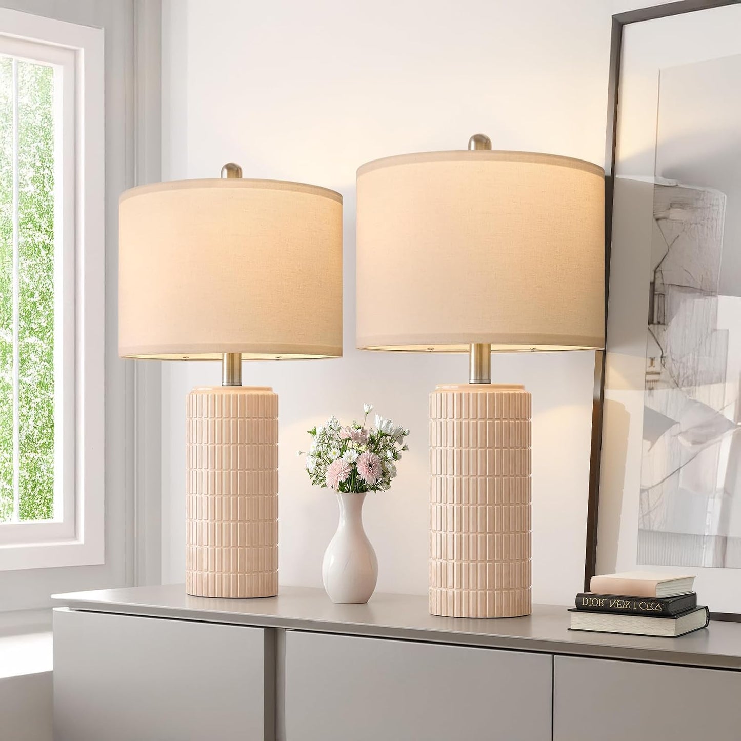 PoKat 23" Modern Ceramic Table Lamp Set of 2 for Living Room White Desk Lamps for Bedroom Farmhouse Bedside Nightstand Lamp House Warming Gifts New Home Decor End Table Lamps Gifts for Women Mom Beige